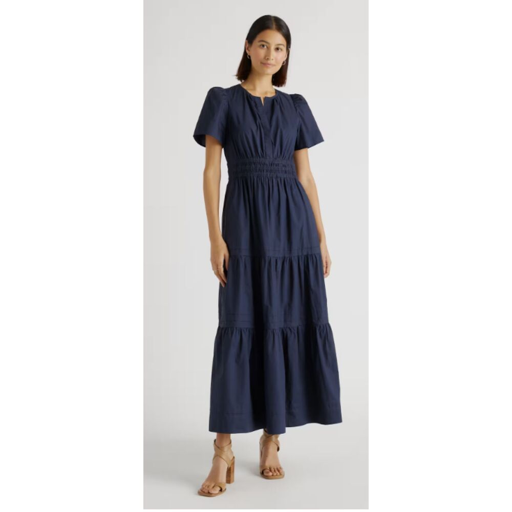 100% Organic Cotton Navy Poplin Tiered Maxi Dress Size L